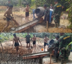Percepat Akses Antar Desa, Satgas Jembatan Kodim 0302/Inhu Hari Inin Cor Pondasi Jembatan Gantung Garuda
