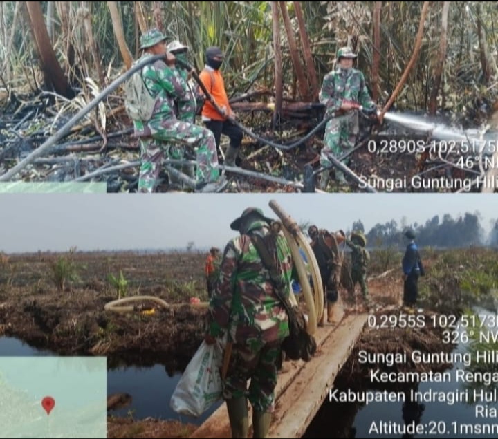 Pemadaman Masih Berlanjut , Babinsa Bersama Tim Gab Padamkan Karhutla di Sungai Guntung Hilir