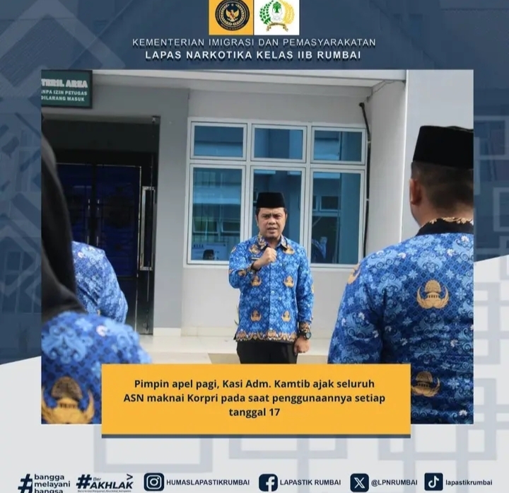 Pimpin apel pagi, Kasi Adm. Kamtib ajak seluruh ASN maknai Korpri pada saat penggunaannya setiap tanggal 17.