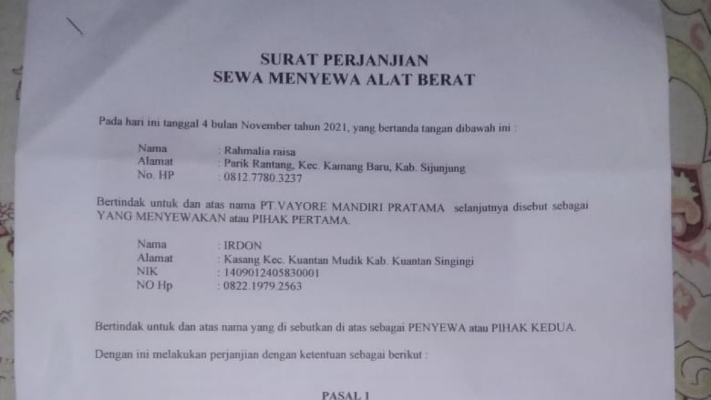 Surat Perjanjian sewa alat berat tersebar ke Media, ternyata Irdon penyewa Buldozer di Hutan Lindung Bukit Betabuh.