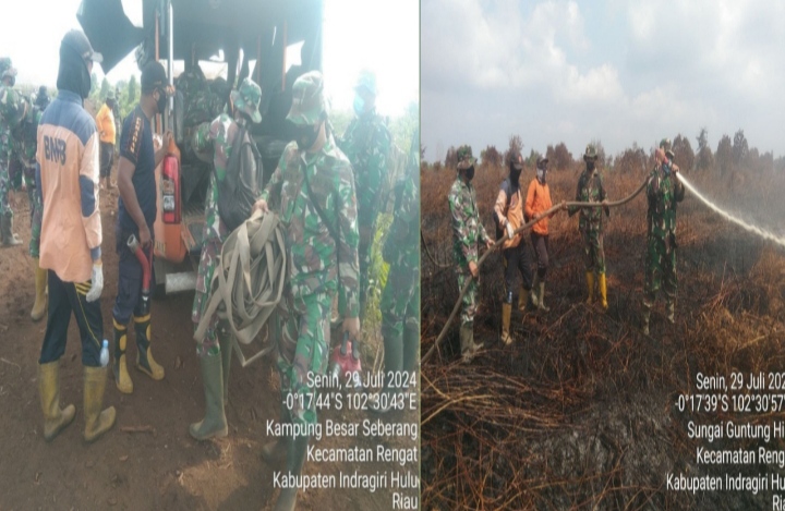 Pemadaman Di Desa Sungai Guntung Hilir Danramil 01/Rengat Turun Tangan Langsung.