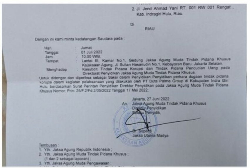 Dugaan Tipikor oleh PT Duta Palma Group di Inhu, Jaksa Agung Panggil YP Untuk Saksi