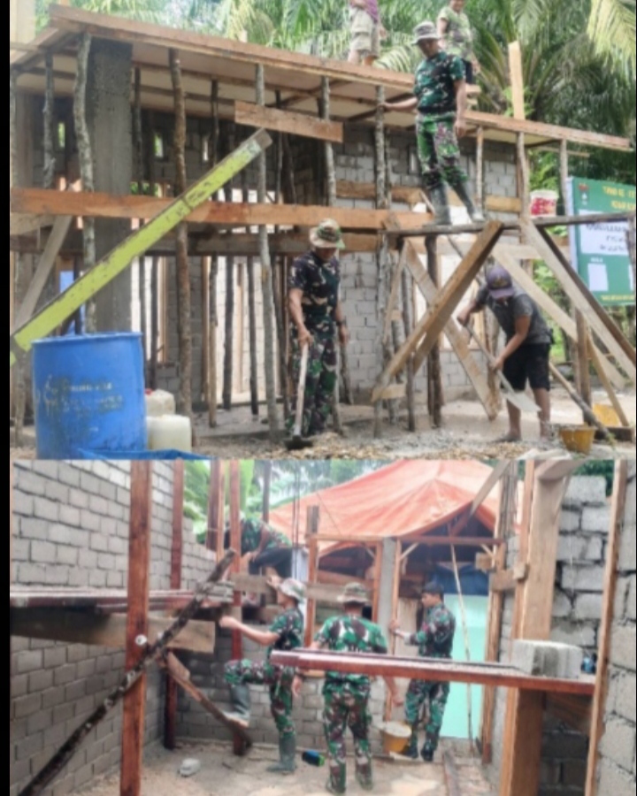 Usai Lakukan Cor Geladak Atas Satgas TMMD Kodim 0302/Inhu-Kuansing Lajutkan Penyelesaian Pemasangan Diding RTLH