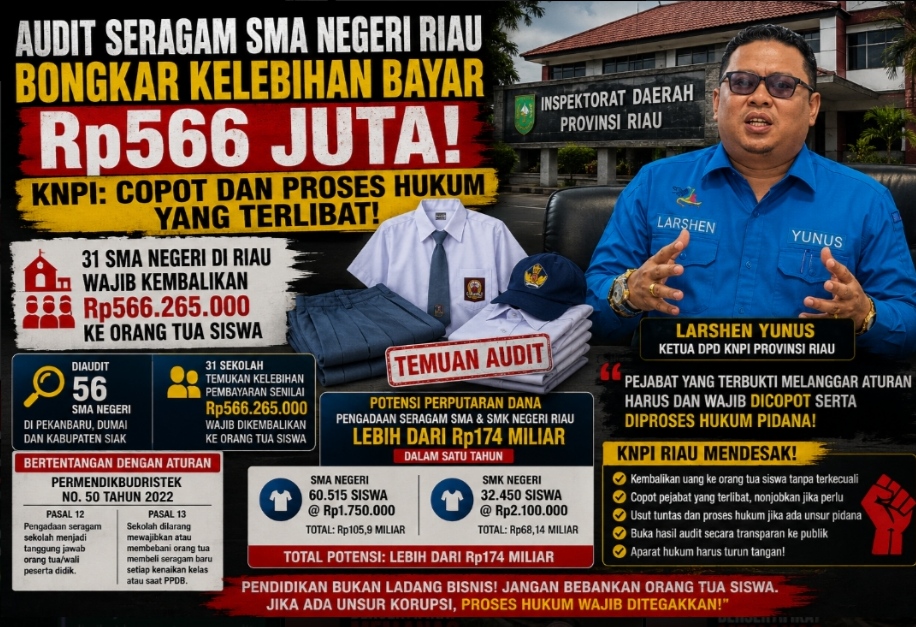 Audit Seragam SMA Negeri Riau Bongkar Kelebihan Bayar Rp566 Juta, KNPI: Copot dan Proses Hukum yang Terlibat!