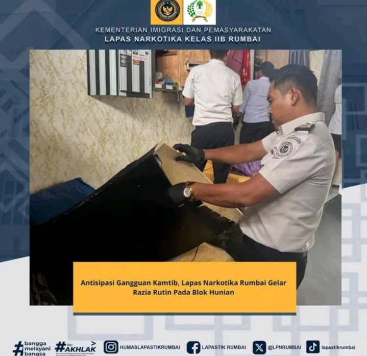 Antisipasi Gangguan Kamtib, Lapas Narkotika Rumbai Gelar Razia Rutin Pada Blok Hunian
