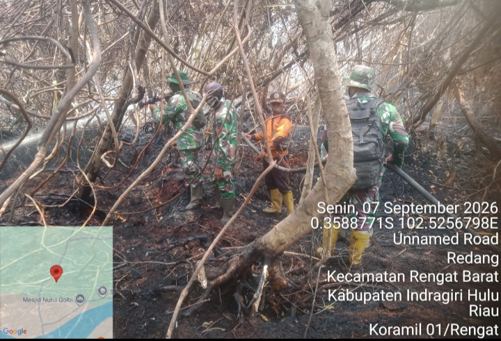 Masih Berlanjut Pemadaman Karhutla Desa Sungai Guntung Hilir, Babinsa Imbau Warga Stop Bakar Lahan